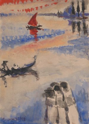 Red Sailing Ship and Gondola by Jules Schmalzigaug Oil Painting