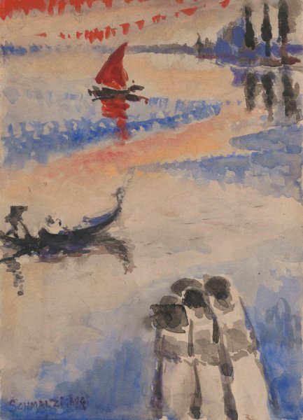 Red Sailing Ship and Gondola by Jules Schmalzigaug - Hand-Painted Oil Painting Reproduction