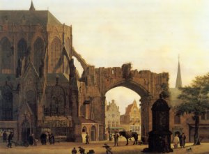 Figures Near a Church by Jules Verheyen Oil Painting