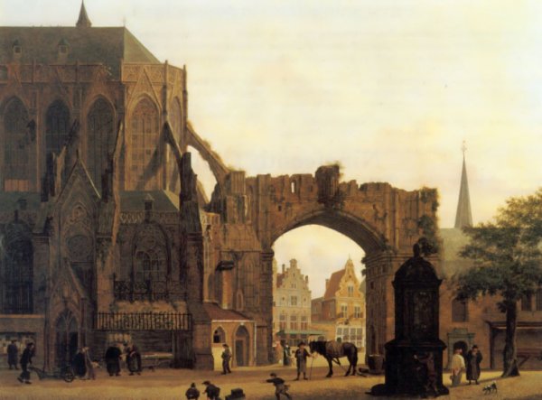 Figures Near a Church by Jules Verheyen - Hand-Painted Oil Painting Reproduction
