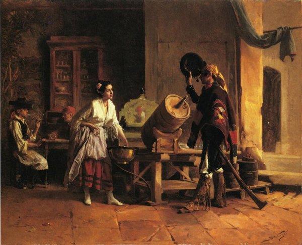 Da Mum is in da House aka Detail of Kitchen in Valencia by Jules Worms - Hand-Painted Oil Painting Reproduction