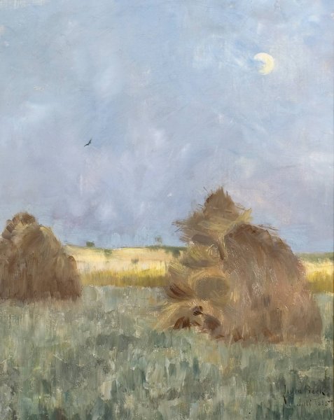 Hay-Cocks by Moonlight  by Julia Beck - Hand-Painted Oil Painting Reproduction