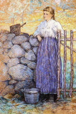 Girl Standing by a Gate by Julian Alden Weir - Oil Painting Reproduction