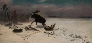 Elk fighting the wolves by Julian Falat Oil Painting