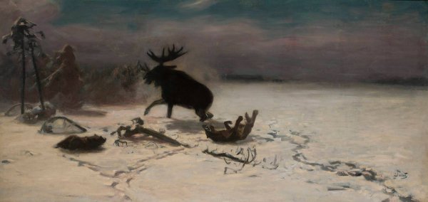 Elk fighting the wolves  by Julian Falat - Hand-Painted Oil Painting Reproduction