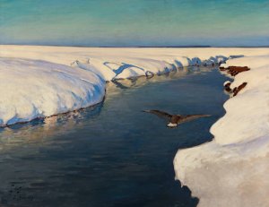 Winter landscape with a river and a bird by Julian Falat Oil Painting
