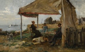 A picnic by the shore by Julian Gustave Gagliardini Oil Painting