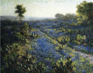 Field of Texas Bluebonnets and Prickly Pear Cacti