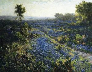 Field of Texas Bluebonnets and Prickly Pear Cacti by Julian Onderdonk - Oil Painting Reproduction