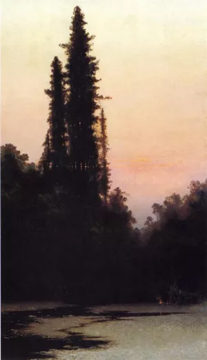 Landscape with a House near a Lake also known as Twilight Scene with Stream and Redwood Trees by Julian Walbridge Rix - Oil Painting Reproduction