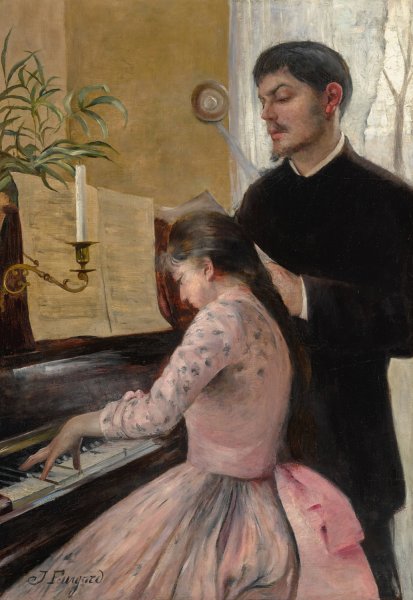 The Piano Lesson by Julie Delance-Feurgard - Hand-Painted Oil Painting Reproduction