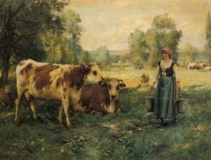 A Milk Maid with Cows and Sheep