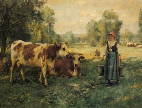 Main Product Photo of A Milk Maid with Cows and Sheep Painting by Julien Dupre