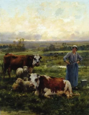 A Shepherdess with Cows and Sheep in a Landscape by Julien Dupre Oil Painting