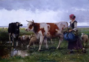 Peasant Woman with Cows & Sheep by Julien Dupre - Oil Painting Reproduction