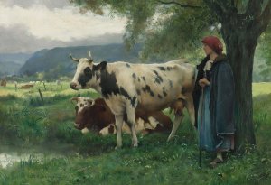 Peasant woman with cows by Julien Dupre Oil Painting
