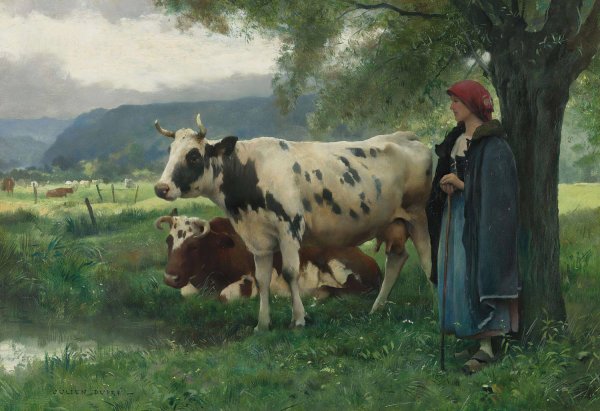 Main Product Photo of Peasant woman with cows Painting by Julien Dupre