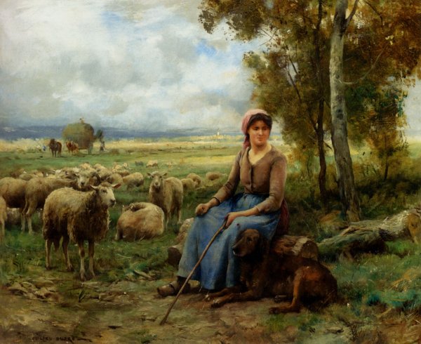Main Product Photo of Shepherdess Watching Over Her Flock Painting by Julien Dupre