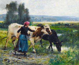 Young Peasant Woman With Two Cows by Julien Dupre Oil Painting