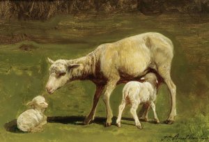 A Ewe And Two Lambs by Juliette Peyrol-Bonheur Oil Painting
