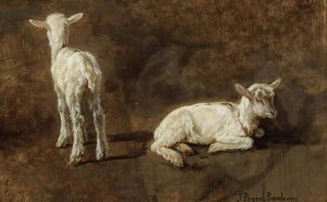 A Study Of Two Lambs by Juliette Peyrol-Bonheur Oil Painting