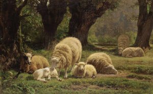 Sheep Grazing In A Wooded Clearing by Juliette Peyrol-Bonheur Oil Painting