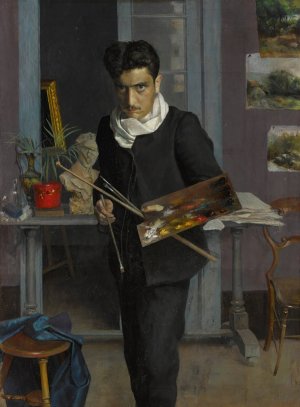 Self-portrait of the artist in his studio by Julio Romero De Torres Oil Painting