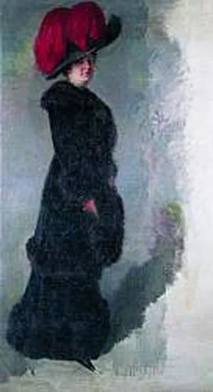 Dama con Sombrero de Plumas Rojas by Julio Vila Prades Oil Painting