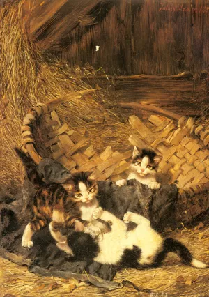 Playful Kittens in a Basket Oil painting by Julius Adam