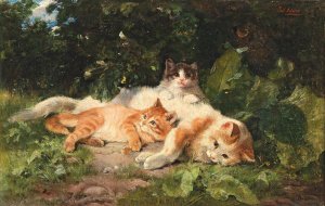 Cat with her Kittens by Julius Adam The Elder Oil Painting
