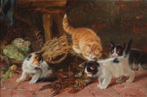 Katzchen und Flusskrebse by Julius Adam The Elder Oil Painting