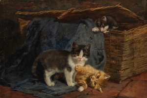 Drei Katzenkinder by Julius Adam The Younger Oil Painting