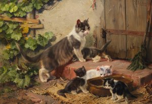 Katzenfamilie am Milchnapf by Julius Adam The Younger Oil Painting