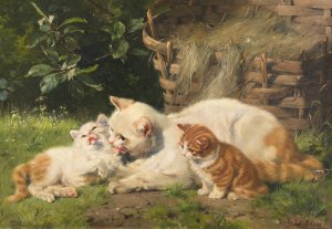 Katzenmutter mit ihren beiden Jungen by Julius Adam The Younger Oil Painting