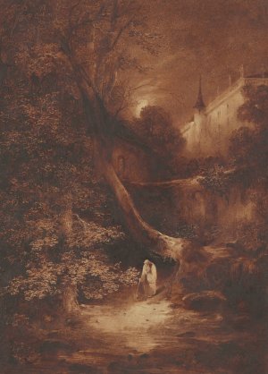 Moonlit Landscape with a Monk Walking near a Palace by Julius Albert Elsasser Oil Painting