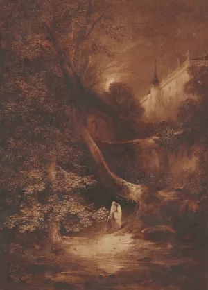 Moonlit Landscape with a Monk Walking near a Palace by Julius Albert Elsasser Oil Painting