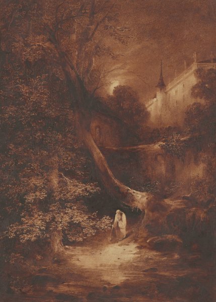Moonlit Landscape with a Monk Walking near a Palace  by Julius Albert Elsasser - Hand-Painted Oil Painting Reproduction