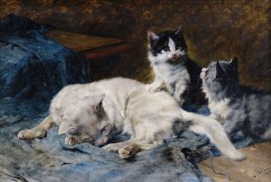 Katzenmutter mit zwei Katzchen by Julius Anton Adam Oil Painting