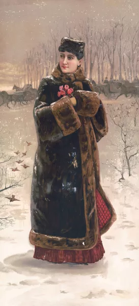 Woman in fur coat with muff by Julius Bien Oil Painting