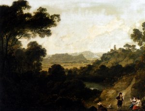A Distant View Of Llantrisant Castle, Glamorganshire, With Figures Seated In The Foreground Oil painting by Julius Caesar Ibbetson