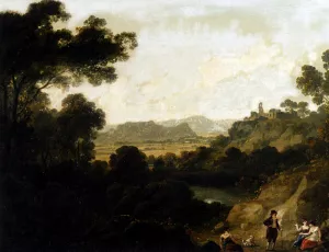 A Distant View Of Llantrisant Castle, Glamorganshire, With Figures Seated In The Foreground Oil painting by Julius Caesar Ibbetson