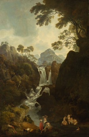 A Waterfall with Bathers by Julius Caesar Ibbetson Oil Painting