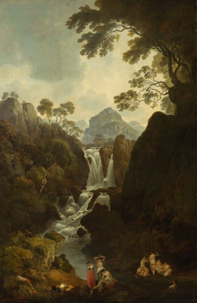 Main Product Photo of A Waterfall with Bathers  Painting by Julius Caesar Ibbetson