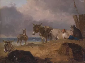 Donkeys and Figures on a Beach by Julius Caesar Ibbetson Oil Painting