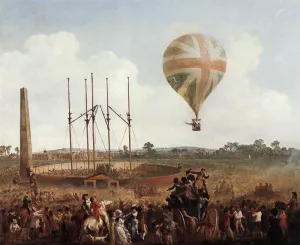 George Biggins' Ascent in Lunardi' Balloon by Julius Caesar Ibbetson - Oil Painting Reproduction