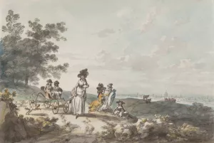 View of London with St. Paul's in the Distance; Woman and Children with a Baby Carriage by Julius Caesar Ibbetson Oil Painting