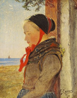 Fanopige i en dorabning en solskinsdag by Julius Exner Oil Painting
