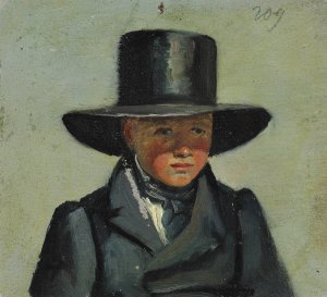 En lille dreng med en stor hat by Julius Friedlander Oil Painting