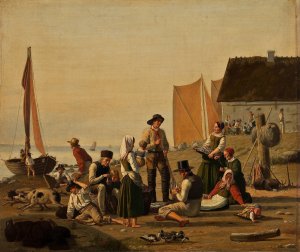 Scene In A Fishing Hamlet by Julius Friedlander Oil Painting