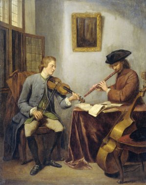 A Violinist and a Flutist Playing Music together by Julius Henricus Quinkhard Oil Painting